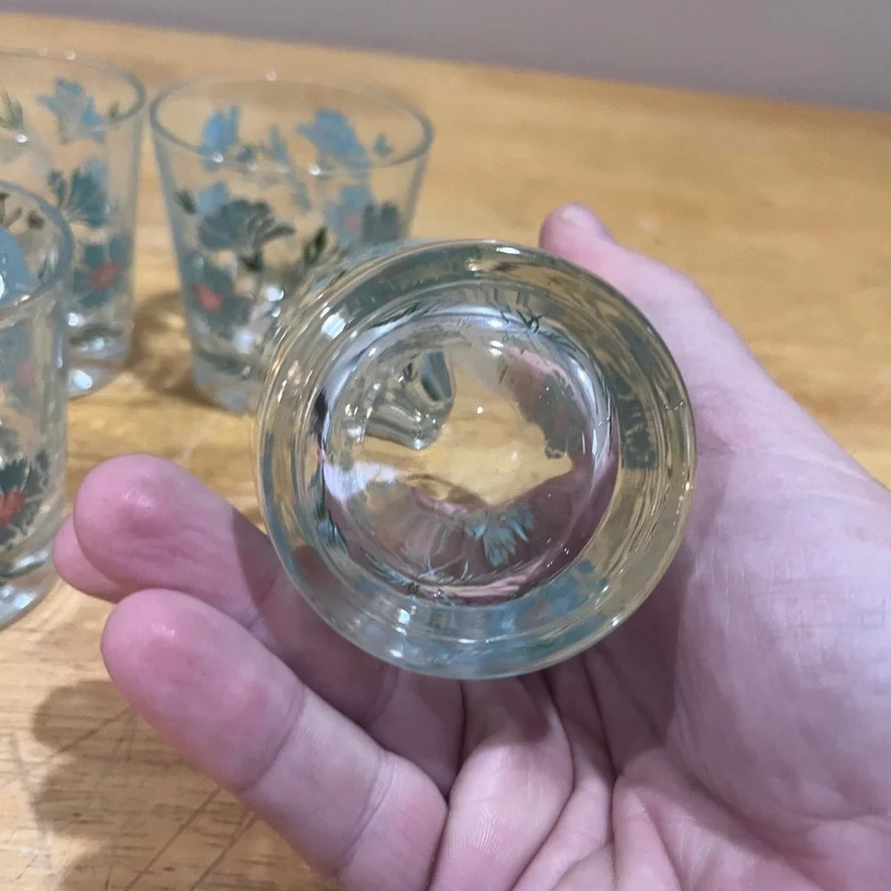 Vtg Taylor Smith & Taylor Teal Ever Yours Floral Juice Glasses Set of‎ 4 MCM